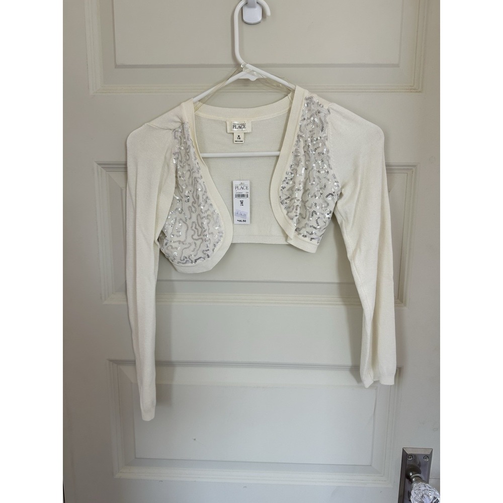 NWT Place Girls Ivory Silver Sequin Cropped‎ Fancy Cardigan Sweater Size Med 7/8